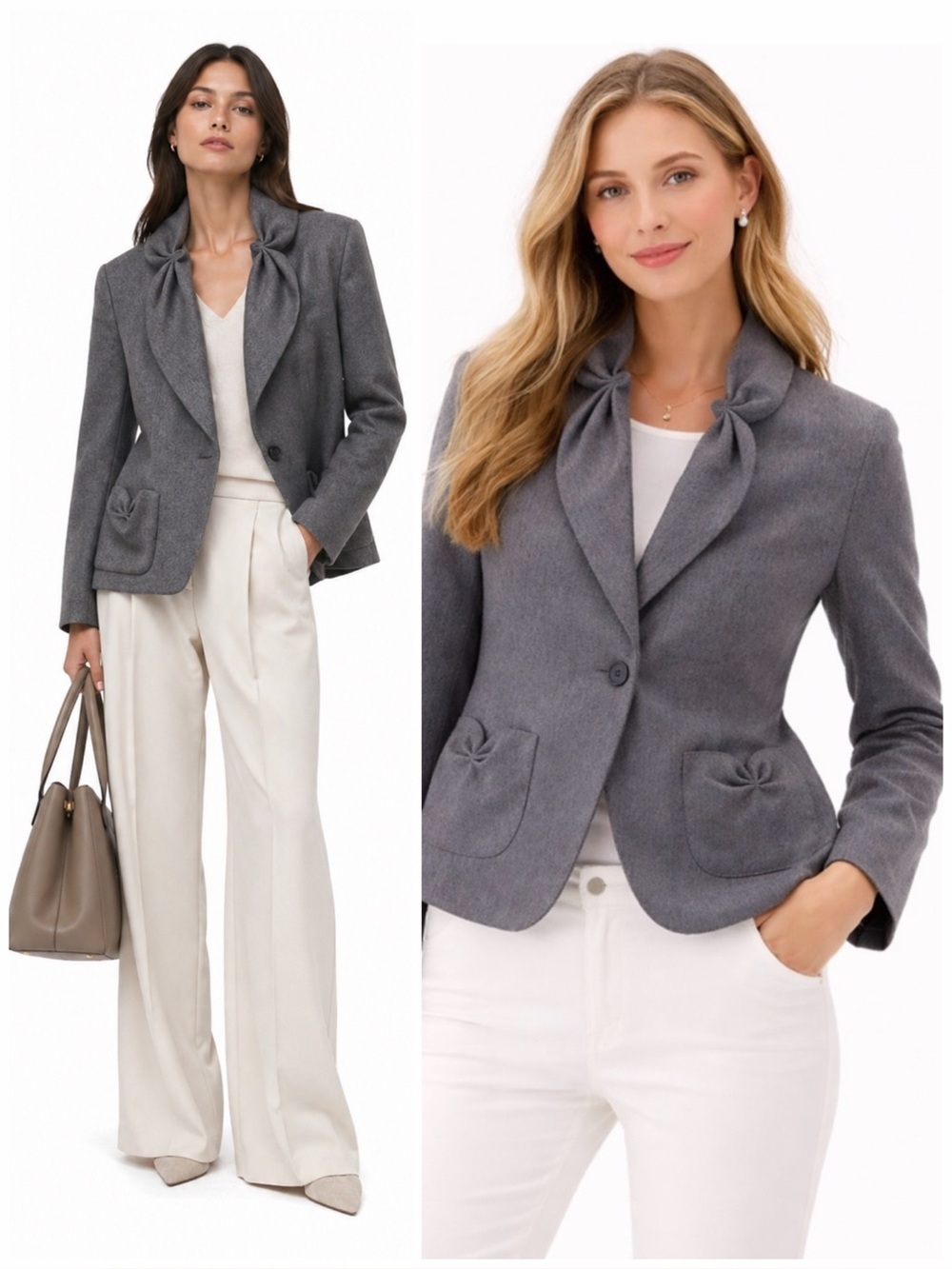 Talbots Wool Bow Blazer Gray Petite Preppy Officecore Coquette Chic Sz 10P